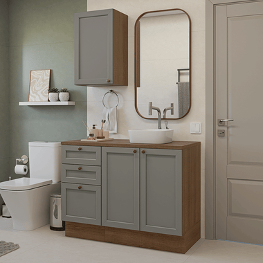 Kit Vanitory y Armario Alto 110 cm 3 Puertas 3 Cajones Marrón/Gris Vik Madesa