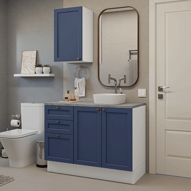Kit Vanitory y Armario Alto 110 cm 3 Puertas 3 Cajones Blanco/Azul Vik Madesa
