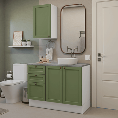 Kit Vanitory y Armario Alto 110 cm 3 Puertas 3 Cajones Blanco/Verde Vik Madesa