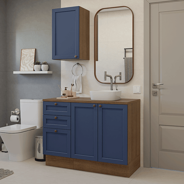 Kit Vanitory y Armario Alto 110 cm 3 Puertas 3 Cajones Marrón/Azul Vik Madesa