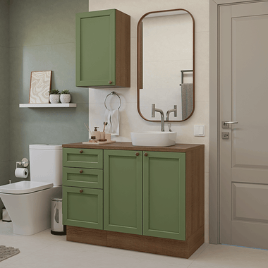 Kit Vanitory y Armario Alto 110 cm 3 Puertas 3 Cajones Marrón/Verde Vik Madesa