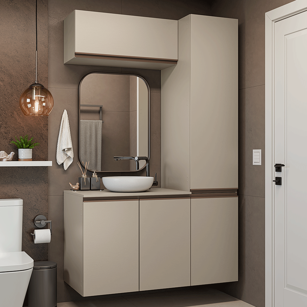 Kit Vanitory y Armarios Altos 120 cm 5 Puertas Crema Nice Madesa
