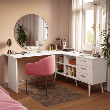 Tocador Esquinero para Maquillaje o Escritorio 302 cm 3 Cajones Blanco Madesa