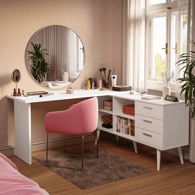 Tocador Esquinero para Maquillaje o Escritorio 302 cm 3 Cajones Blanco Madesa