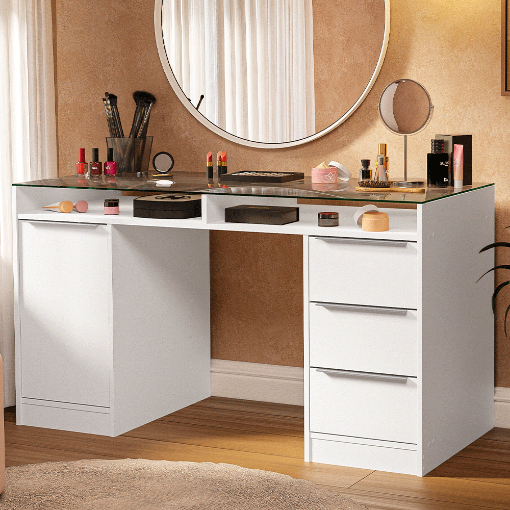 Escritorio Tocador 136cm 1 Puerta 3 Cajones Mesada Vidro Blanco Madesa