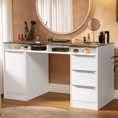Escritorio Tocador 136 cm 1 Puerta 3 Cajones Mesada Vidrio Blanco Madesa