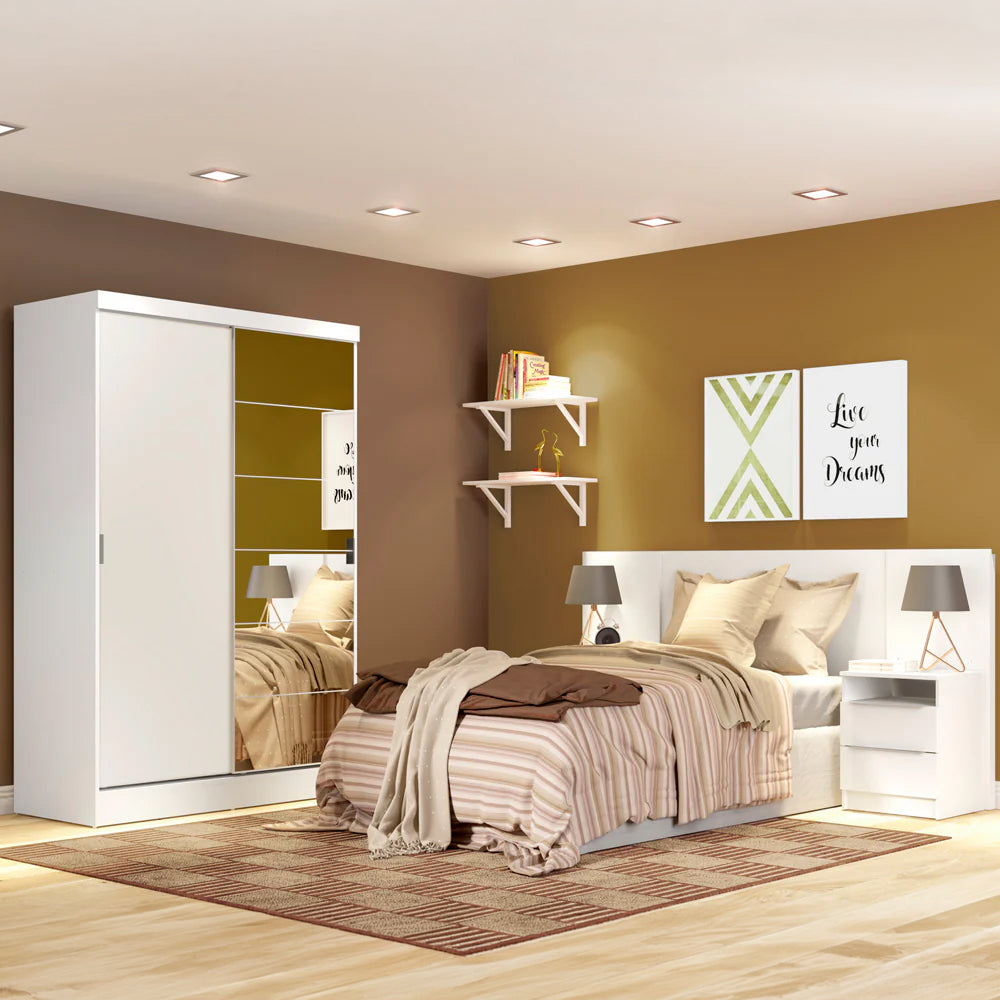 Habitación Completa con Placard Luke 2 Purtas con Espejo y Respaldo de cama con 2 Mesas de Luz Madesa Blanco