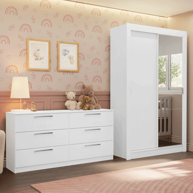 Kit Dormitorio Infantil 2 Puertas Corredizas con 1 Espejo y Chifonier 6 Cajones Blanco Madesa