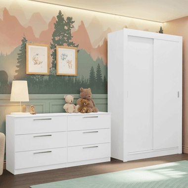 Kit Dormitorio Infantil 2 Puertas Corredizas y Chifonier 6 Cajones Blanco Madesa