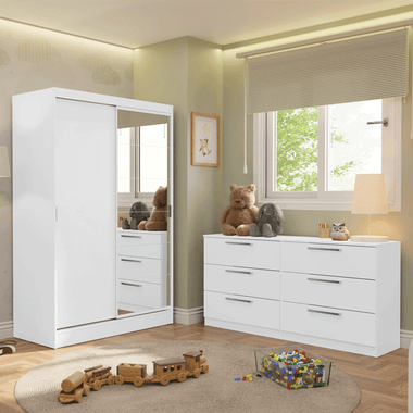 Kit Dormitorio Infantil 2 Puertas Corredizas con 1 Espejo y Chifonier 6 Cajones Blanco Madesa