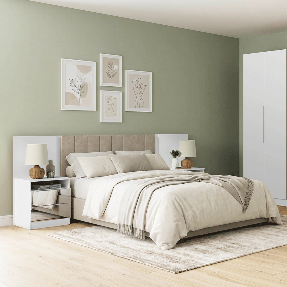 Respaldo de Cama Extensible Tapizado con 2 Mesas de Luz Espejadas Blanco/Imperial Madesa
