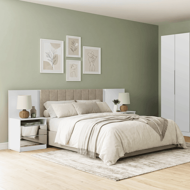 Respaldo de Cama Extensible Tapizado con 2 Mesas de Luz Espejadas Blanco/Imperial Madesa