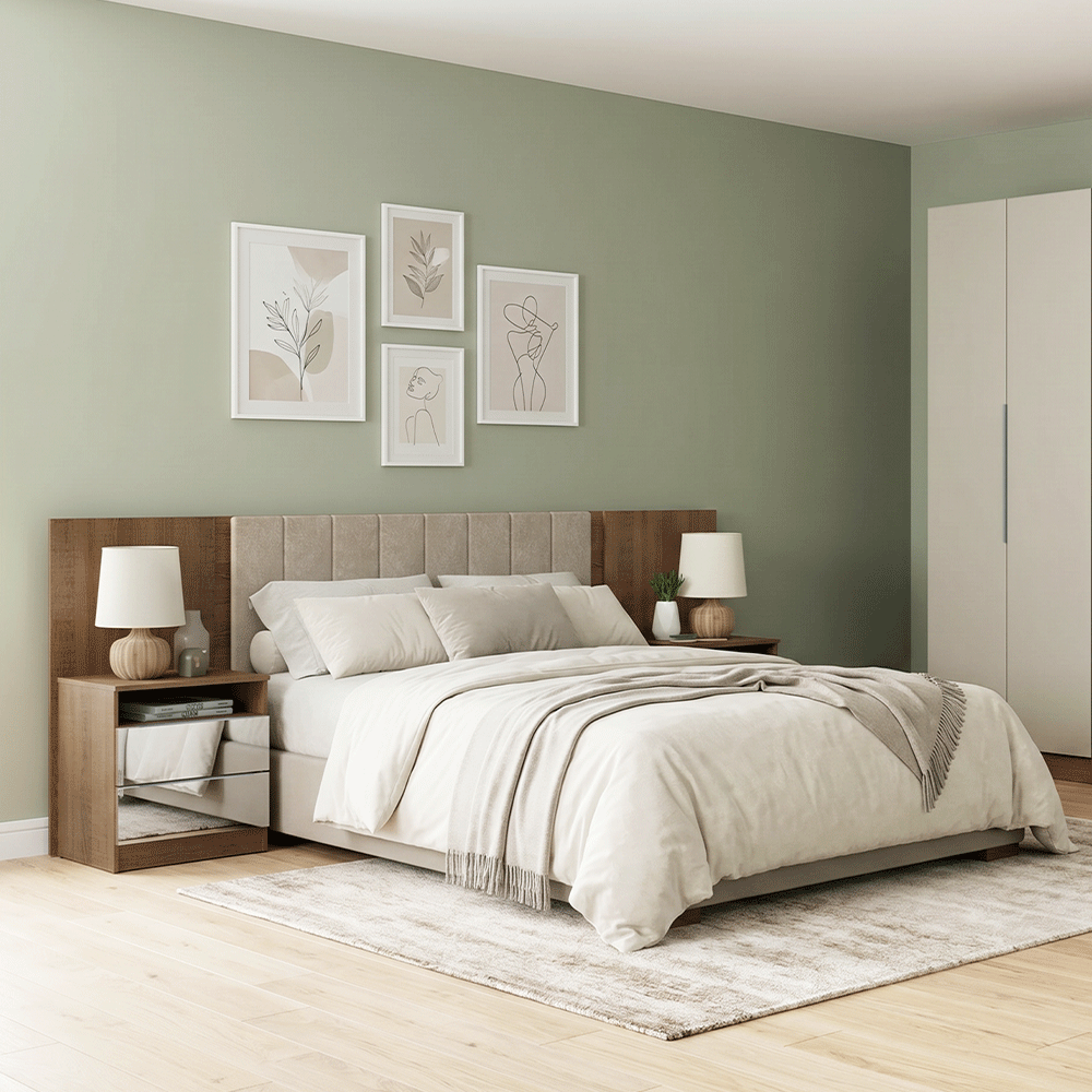 Respaldo de Cama Extensible Tapizado con 2 Mesas de Luz Espejadas Marrón/Imperial Madesa