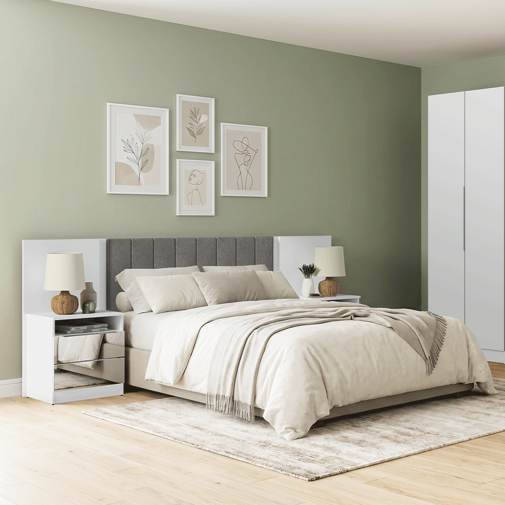 Respaldo de Cama Extensible Tapizado con 2 Mesas de Luz Espejadas Blanco/Silver Madesa