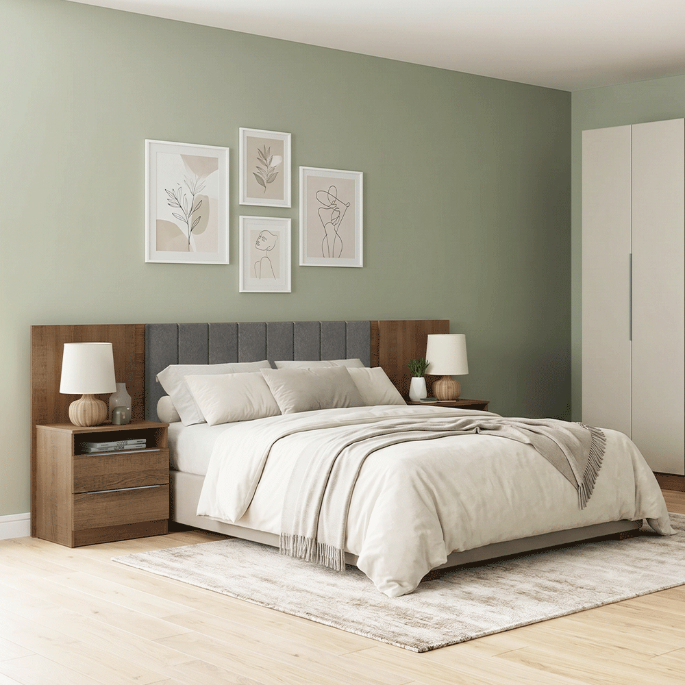 Respaldo de Cama Extensible Tapizado con 2 Mesas de Luz Marrón/Silver Madesa