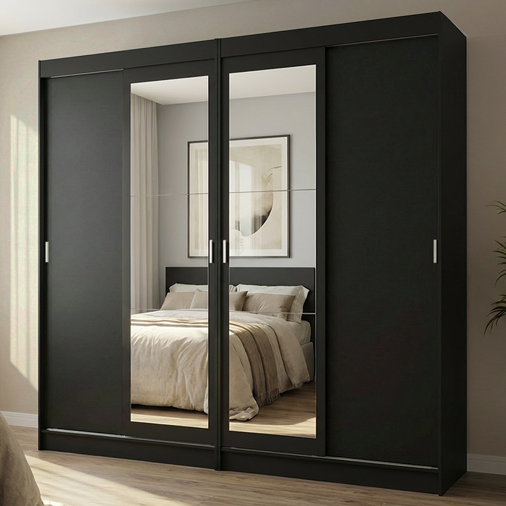 Conjunto 2 Placares 4 Puertas Corredizas con 2 Espejos Negro Tokio Madesa