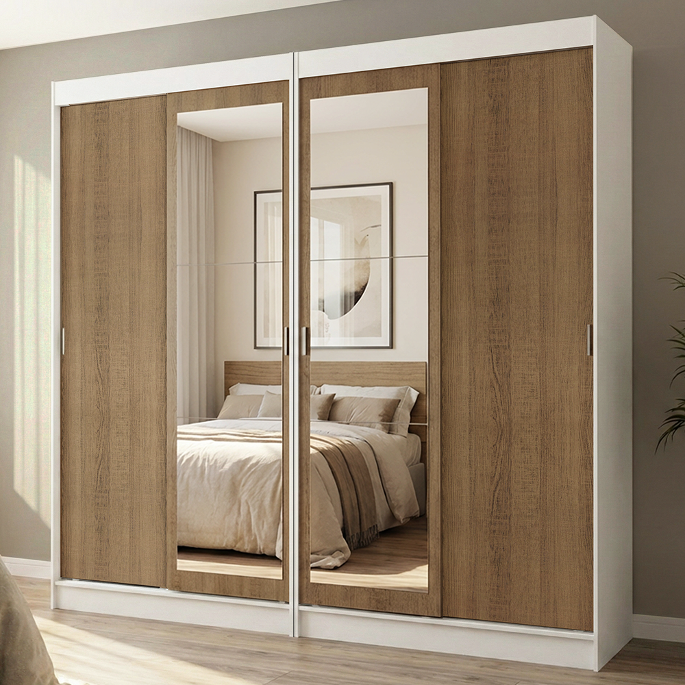 Conjunto 2 Placares 4 Puertas Corredizas con 2 Espejos Blanco/Marrón Tokio Madesa