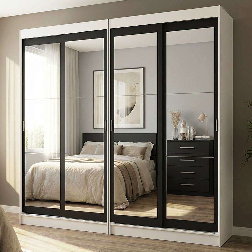 Conjunto 2 Placares 4 Puertas Corredizas con 4 Espejos Blanco/Negro Tokio Madesa