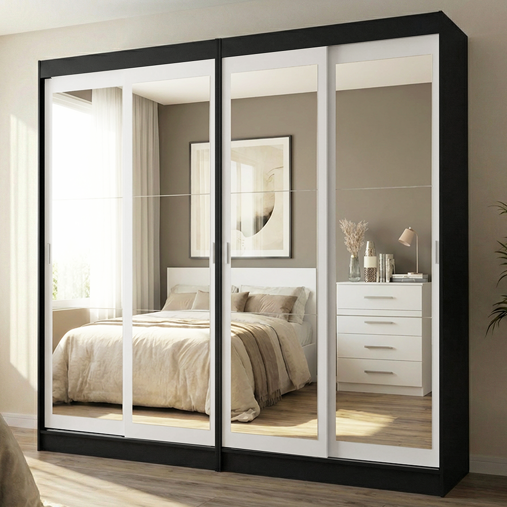 Conjunto 2 Placares 4 Puertas Corredizas con 4 Espejos Negro/Blanco Tokio Madesa