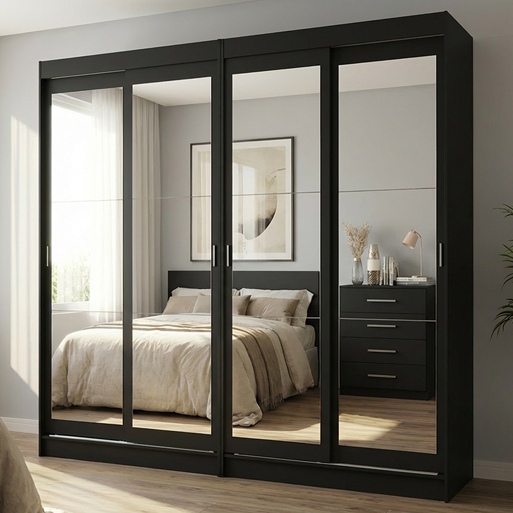 Conjunto 2 Placares 4 Puertas Corredizas con 4 Espejos Negro Tokio Madesa