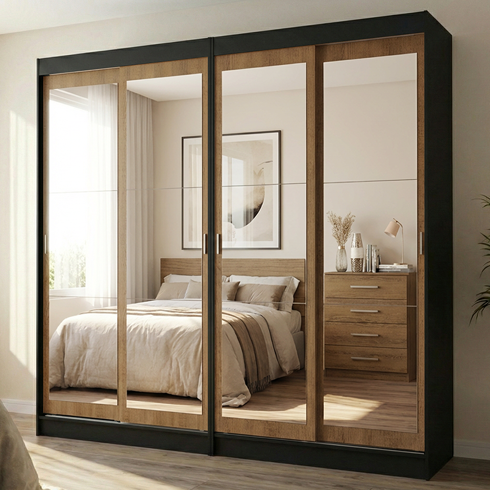 Conjunto 2 Placares 4 Puertas Corredizas con 4 Espejos Negro/Marrón Tokio Madesa