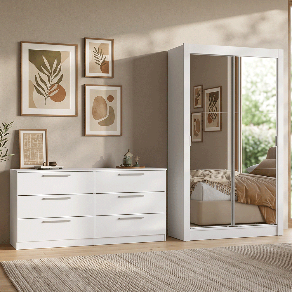 Kit Dormitorio Individual 2 Puertas Corredizas con 2 Espejos y Chifonier 6 Cajones Blanco Madesa
