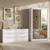 Kit Dormitorio Individual 2 Puertas Corredizas con 2 Espejos y Chifonier 6 Cajones Blanco Madesa