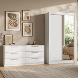 Kit Dormitorio Individual 2 Puertas Corredizas con 1 Espejo y Chifonier 6 Cajones Blanco Madesa