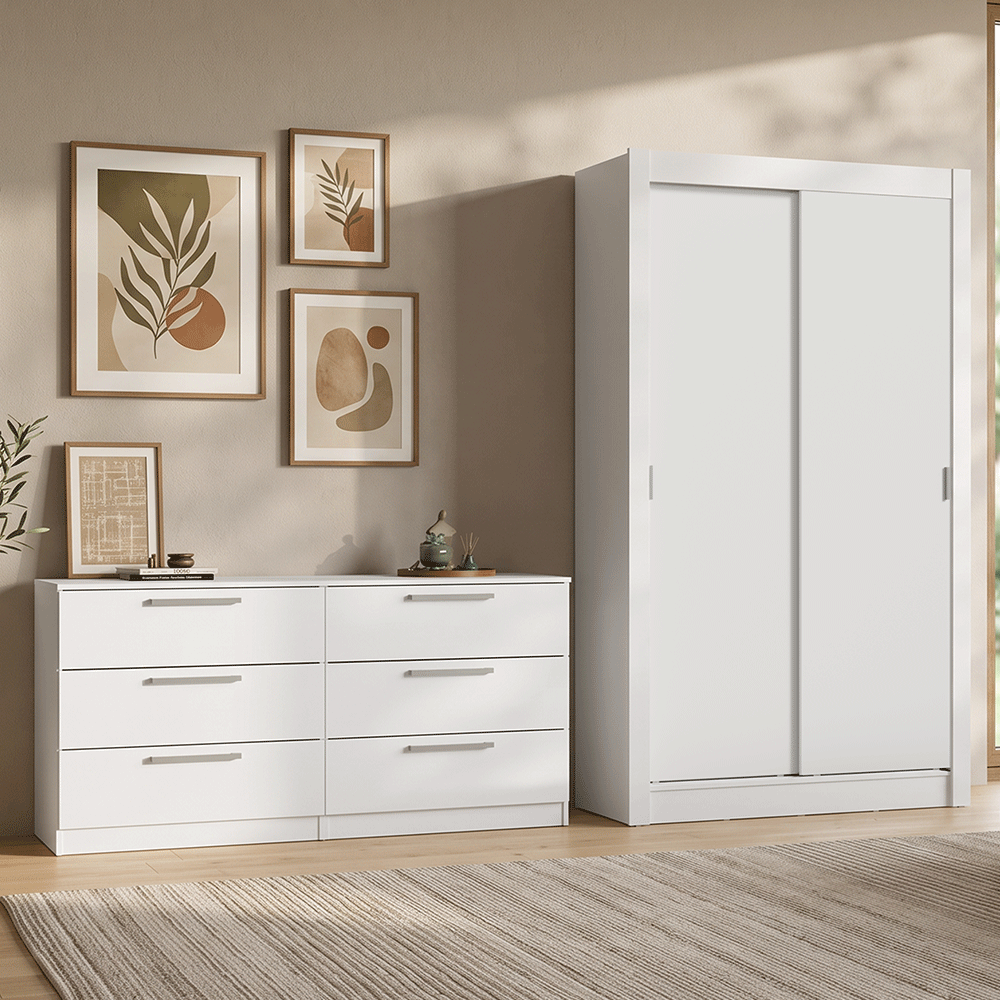Kit Dormitorio Individual 2 Puertas Corredizas y Chifonier 6 Cajones Blanco Madesa