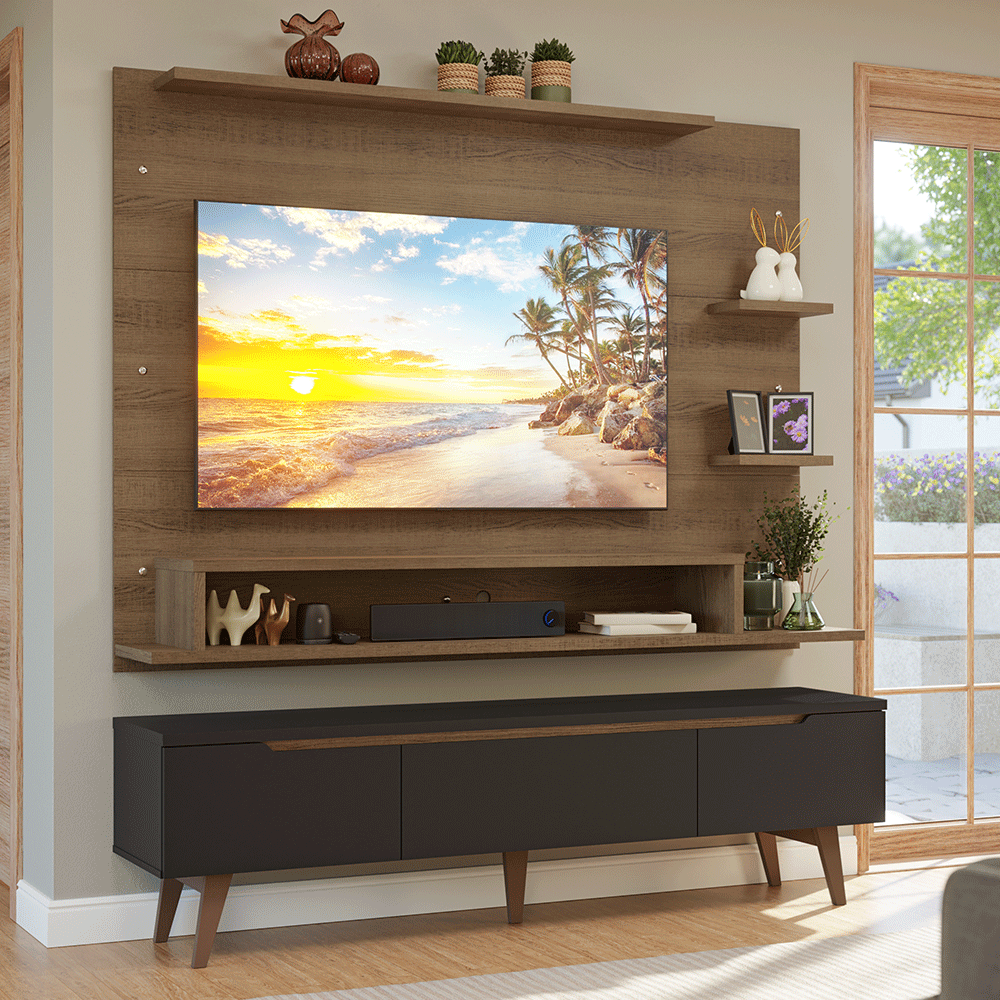 Rack con Panel para TV hasta 60 Pulgadas 180 cm con Patas Marrón/Negro/Marrón Reims Madesa