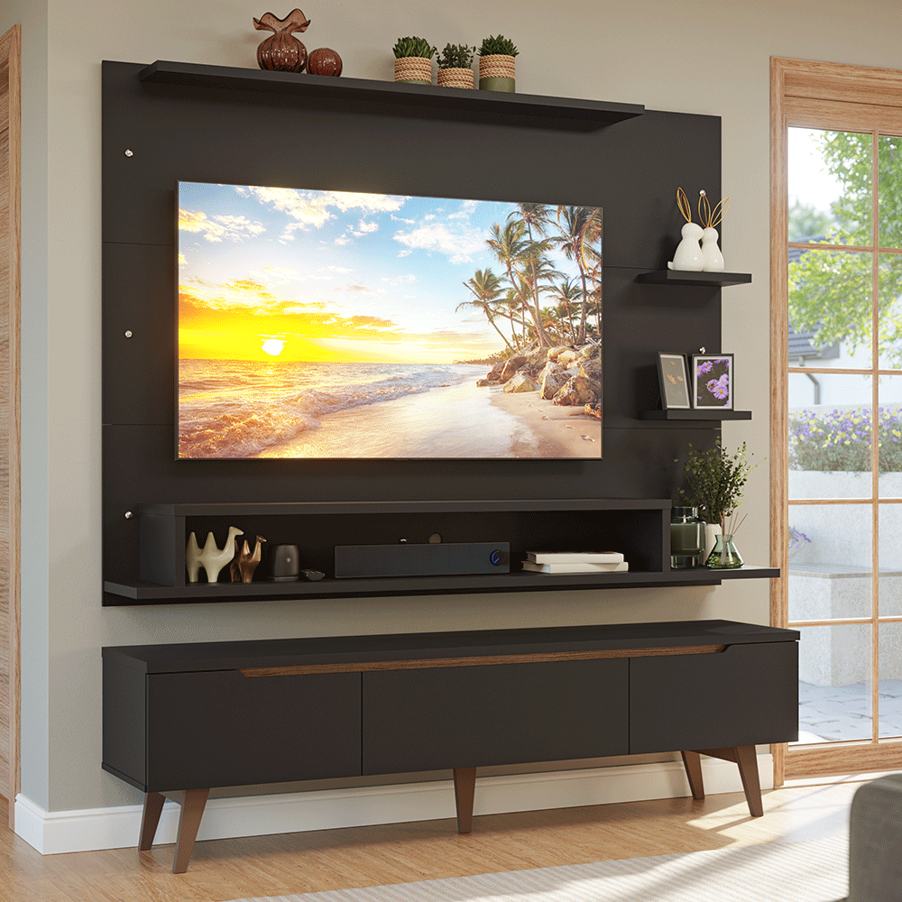 Rack con Panel para TV hasta 60 Pulgadas 180 cm con Patas Negro/Marrón Reims Madesa