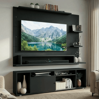 Rack con Panel de TV hasta 60 Pulgadas 180 cm Negro Cancun Madesa