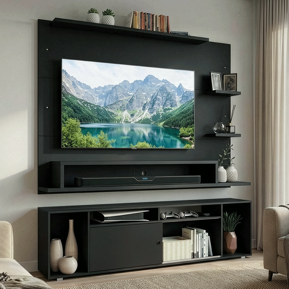 Rack con Panel para TV hasta 60 Pulgadas 180 cm Negro Cancun Madesa