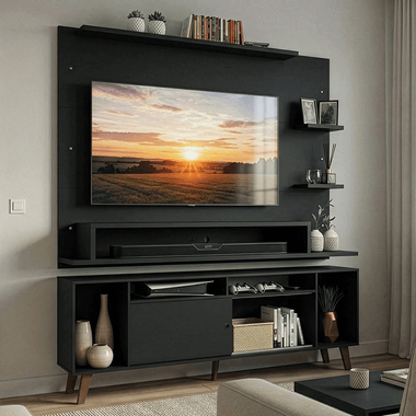 Rack con Panel de TV hasta 60 Pulgadas 180 cm con Patas Negro/Marrón Cancun Madesa