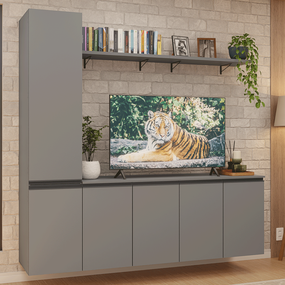 Rack para TV hasta 70 pulgadas flotante + repisa de 200cm, Gris Nice 01