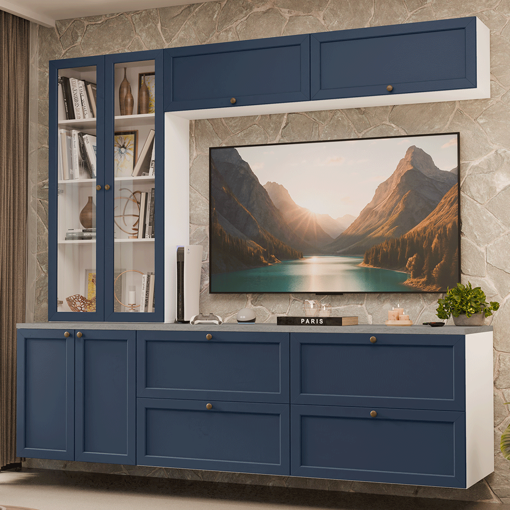 Centros de Entretenimiento con Rack + Cristaleiro 230 cm Blanco/Azul Vik Madesa 01