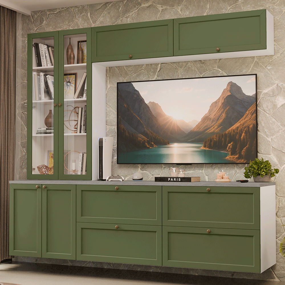 Centros de Entretenimiento con Rack + Cristaleiro 230 cm Blanco/Verde Vik Madesa 01