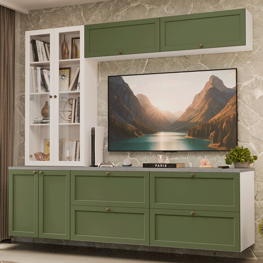 Centros de Entretenimiento con Rack + Cristaleiro 230 cm Blanco/Verde/Blanco Vik Madesa 01