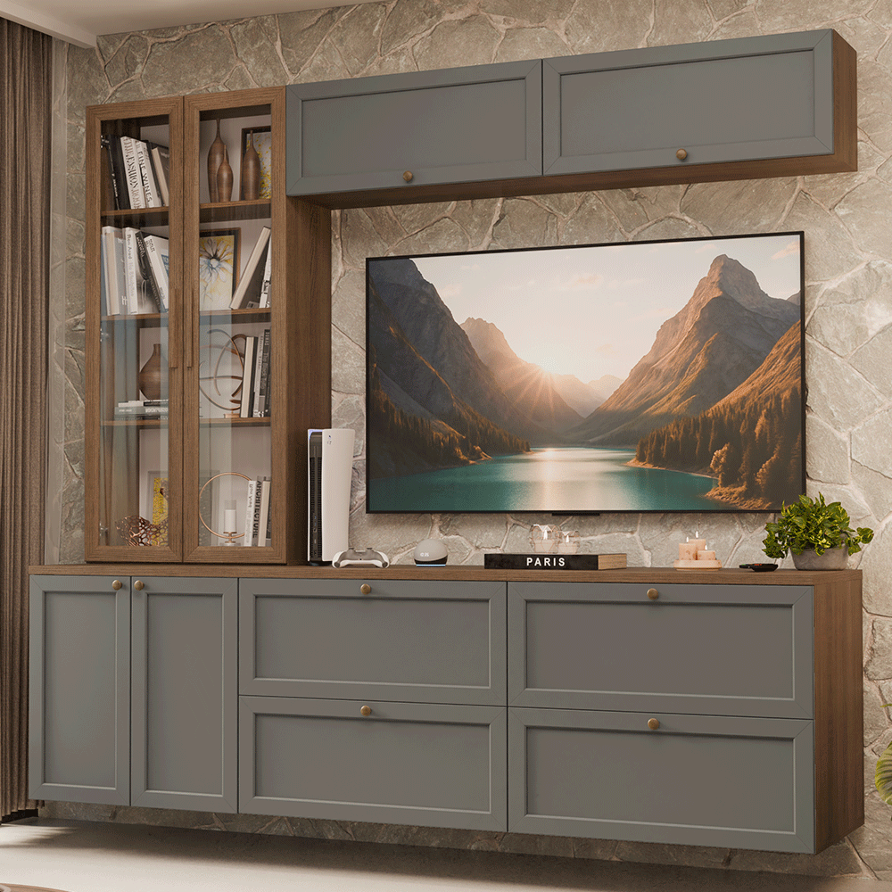 Centros de Entretenimiento con Rack + Cristaleiro 230 cm Marrón/Gris/Marrón Vik Madesa 02