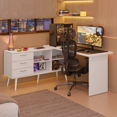 Escritorio Esquinero Gamer 302 cm 3 Cajones Blanco Lisboa Madesa