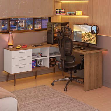 Escritorio Esquinero Gamer 302 cm 3 Cajones Blanco/Marrón Lisboa Madesa