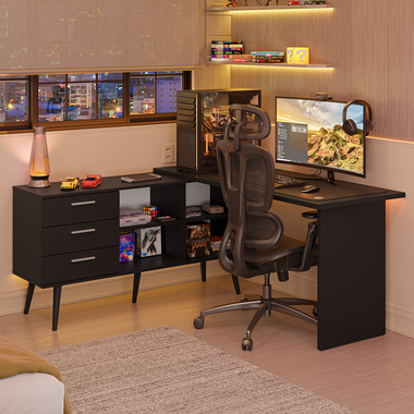 Escritorio Esquinero Gamer 302 cm 3 Cajones Negro Lisboa Madesa