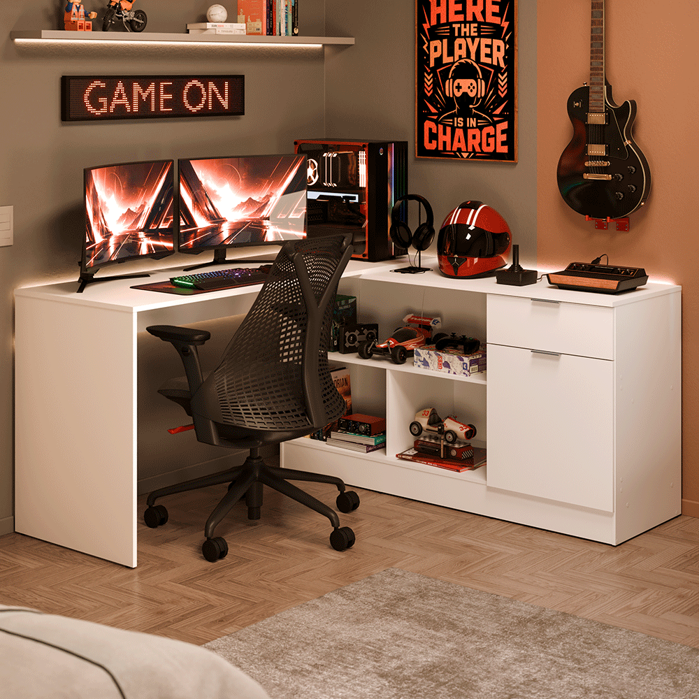 Escritorio Esquinero Gamer 300 cm Blanco Roma Madesa