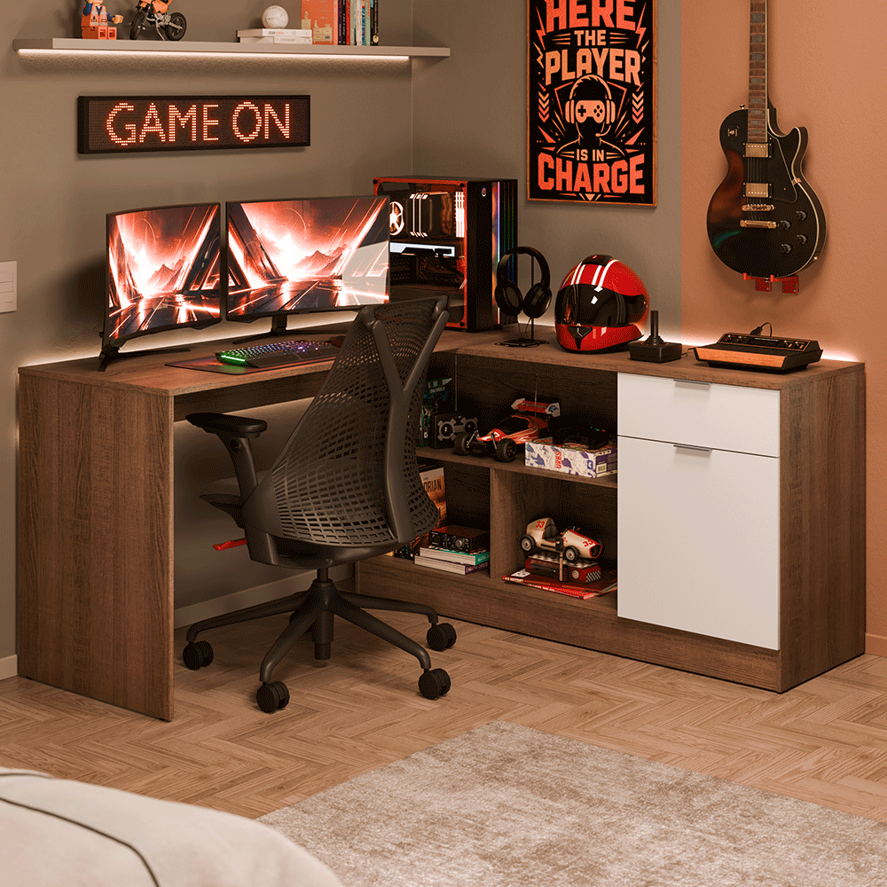 Escritorio Esquinero Gamer 300 cm Marrón/Blanco Roma Madesa