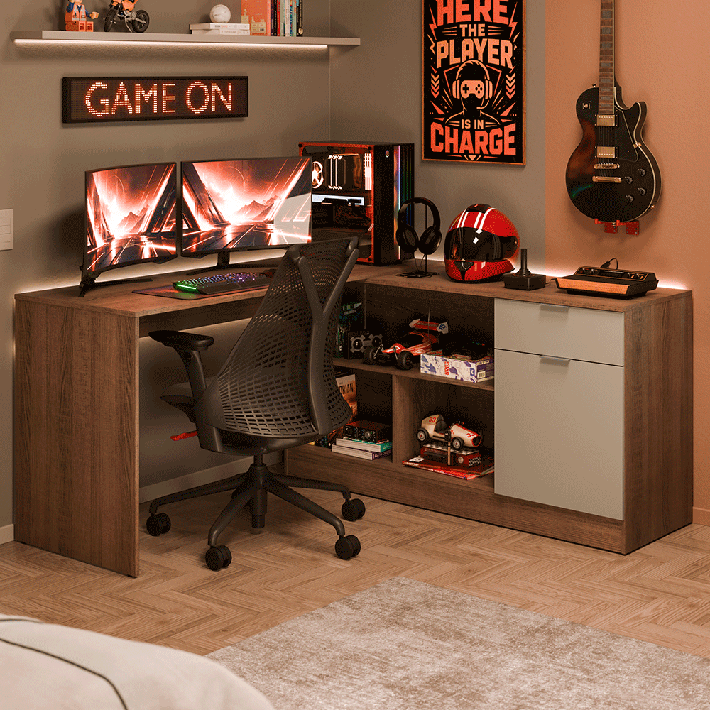 Escritorio Esquinero Gamer 300 cm Marrón/Crema Roma Madesa
