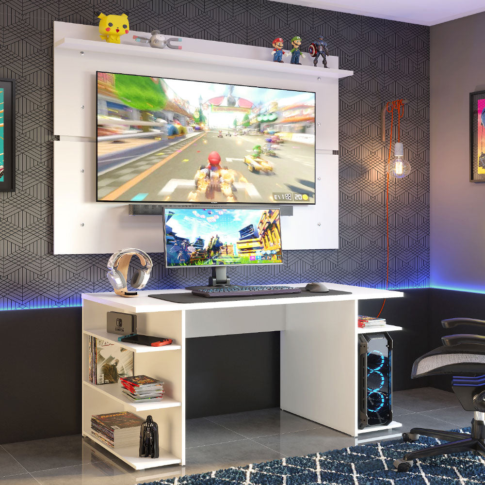 Escritorio Gamer Madesa 9409 con Panel para TV hasta 65 Pulgadas Blanco