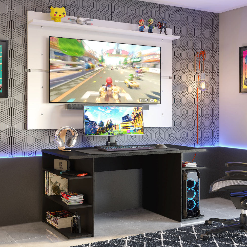 Escritorio Gamer Madesa 9409 con Panel para TV hasta 65 Pulgadas Negro/Blanco