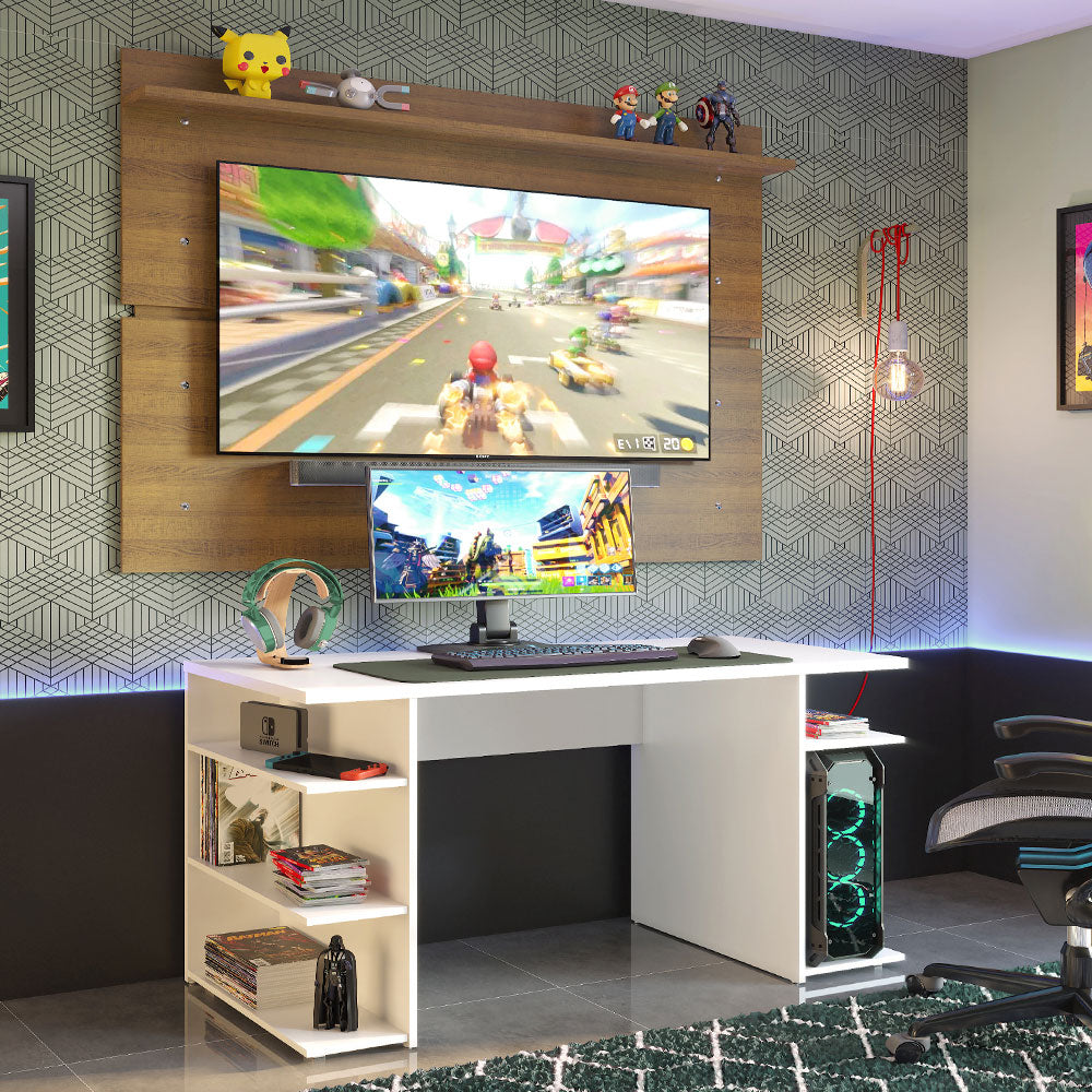 Escritorio Gamer Moderno Madesa + Panel para TV Hasta 65 Pulgadas Blanco/Marrón