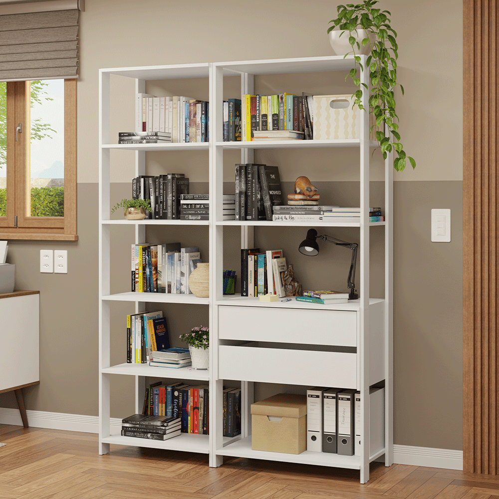 Estantería multiusos para oficina, 129 cm, 9 estantes, 2 cajones, color Blanco