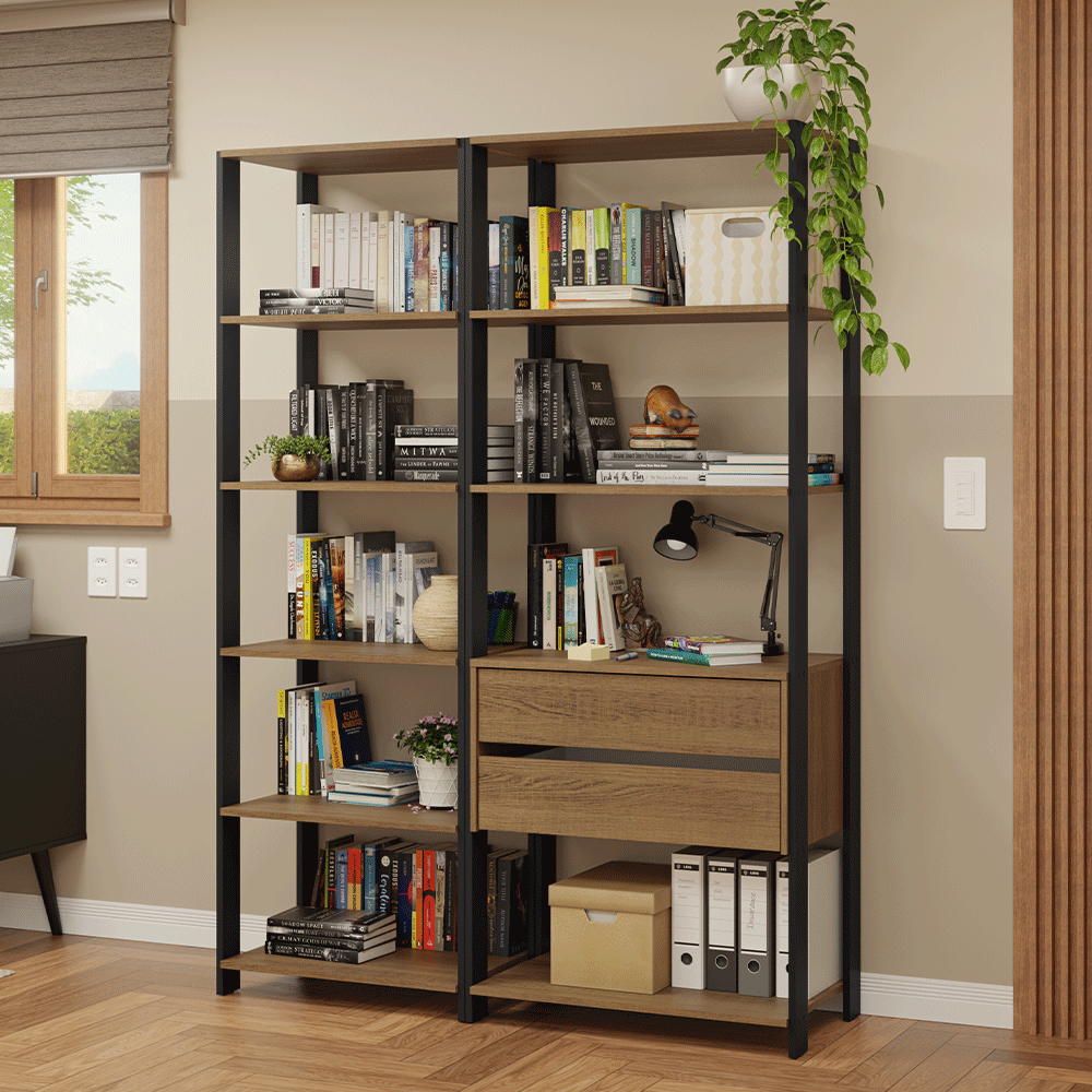 Mueble/Estante de Oficina Multiusos, 129 cm, 9 Estantes, 2 Cajones, Marrón/Negro